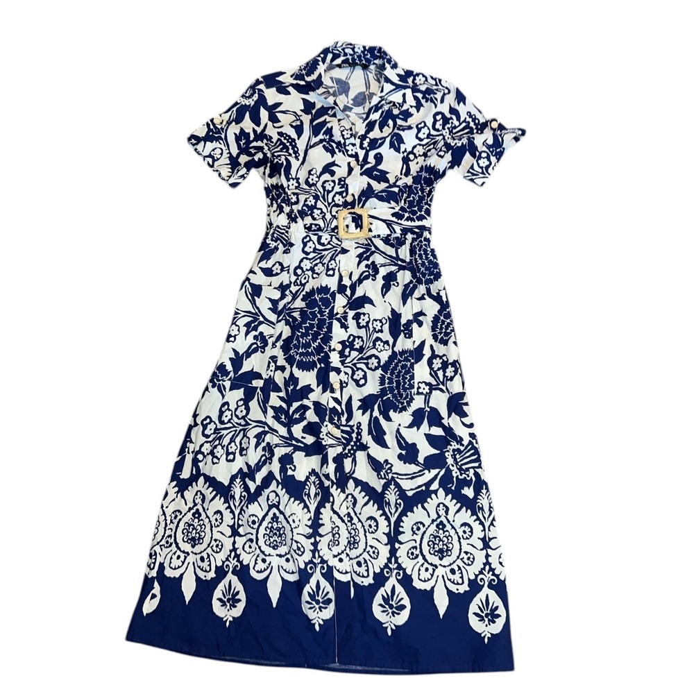 Zara Cotton Button Down Blue & Soft White Summer DressContemporary Floral SZ: S